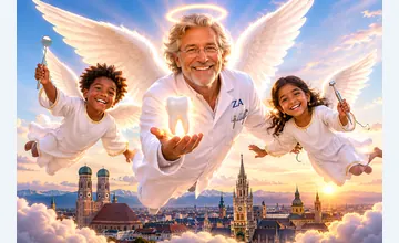 KI-generierte Vorschau von zahnarzt-muenchen.eu: Zahn und multikulturelle Engel über der Münchner Skyline
