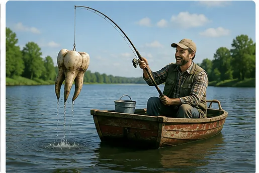 Humorvolle Illustration: Angler zieht einen Zahn mit langen Wurzeln aus einem See